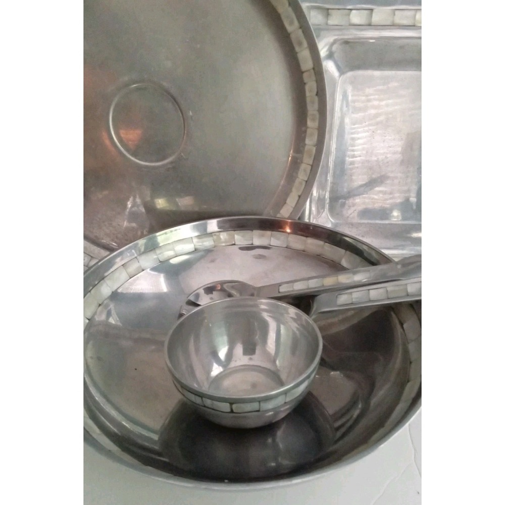 Towel Mother‎ of Pearl Inlay Serving Set Bowl Tray Spoon Vintage